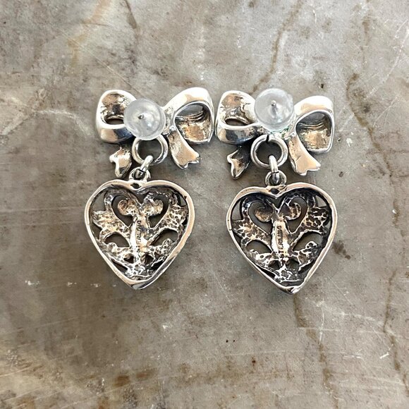 VTG Sterling Silver 925 1" Pierced Scrollwork Heart Dangle Bow Stud Earrings - Picture 8 of 16